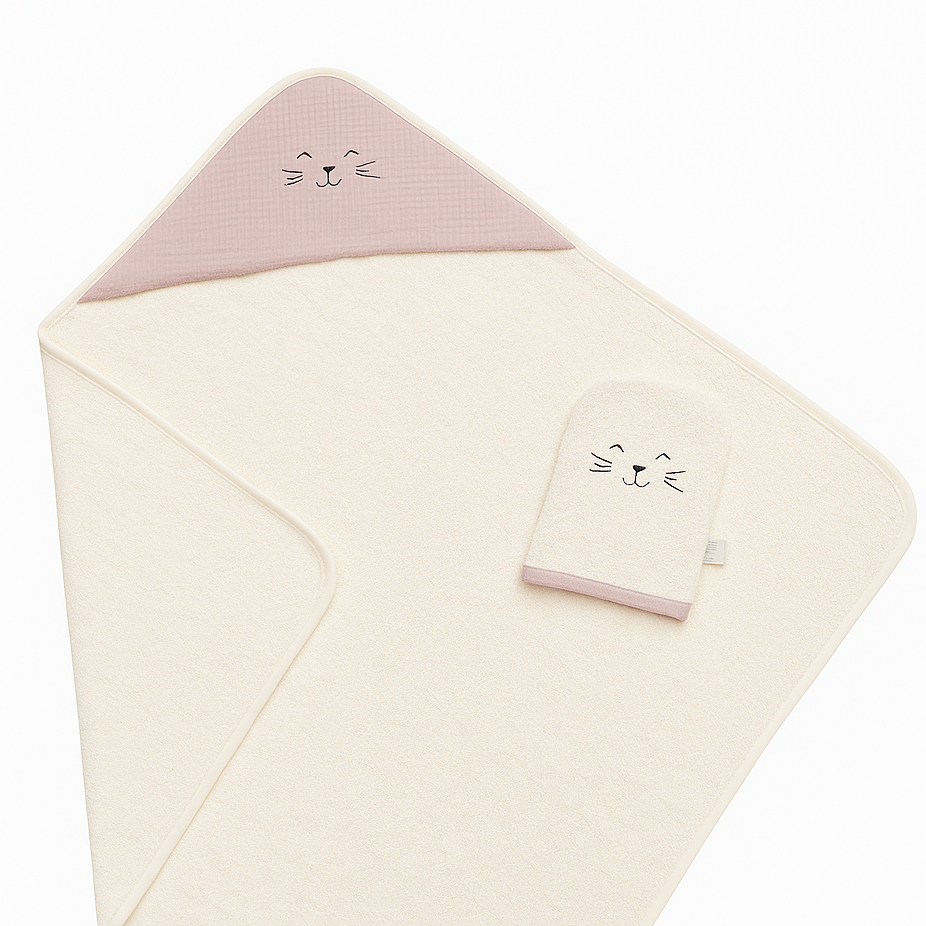 CAPE DE BAIN ROSE BRODEE CHAT AVEC SON GANT ASSORTI