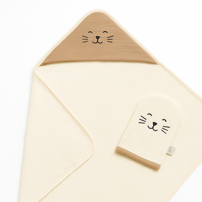 CAPE DE BAIN LATTE BRODEE CHAT AVEC SON GANT ASSORTI