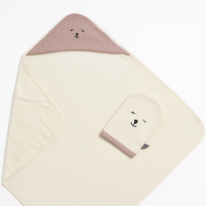 CAPE DE BAIN ROSE BRODEE LAPIN AVEC SON GANT ASSORTI