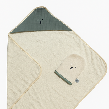 CAPE DE BAIN VERTE BRODEE LAPIN AVEC SON GANT ASSORTI