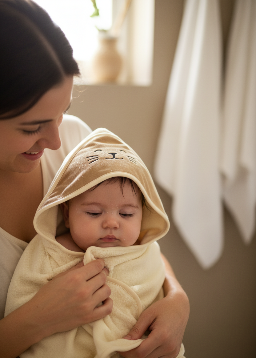 CAPE DE BAIN LATTE BRODEE CHAT AVEC SON GANT ASSORTI