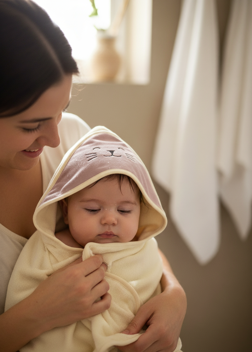 CAPE DE BAIN ROSE BRODEE CHAT AVEC SON GANT ASSORTI