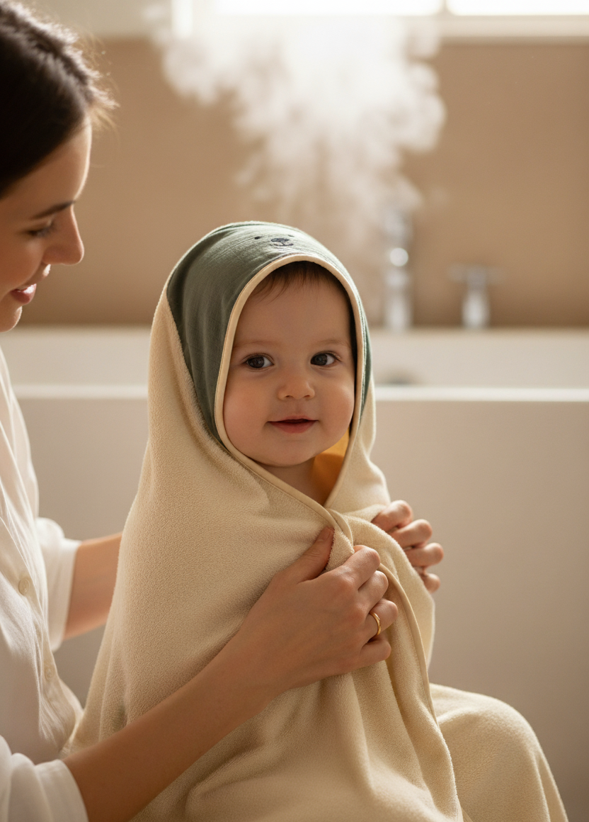 CAPE DE BAIN VERTE BRODEE LAPIN AVEC SON GANT ASSORTI