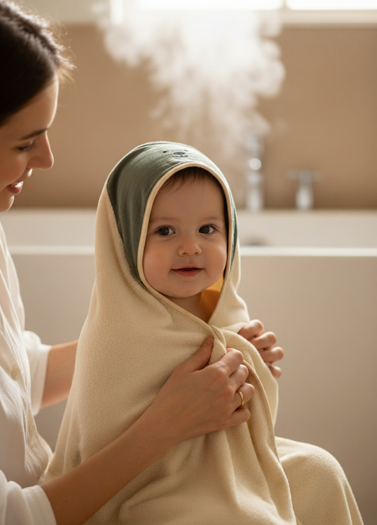 CAPE DE BAIN VERTE BRODEE LAPIN AVEC SON GANT ASSORTI