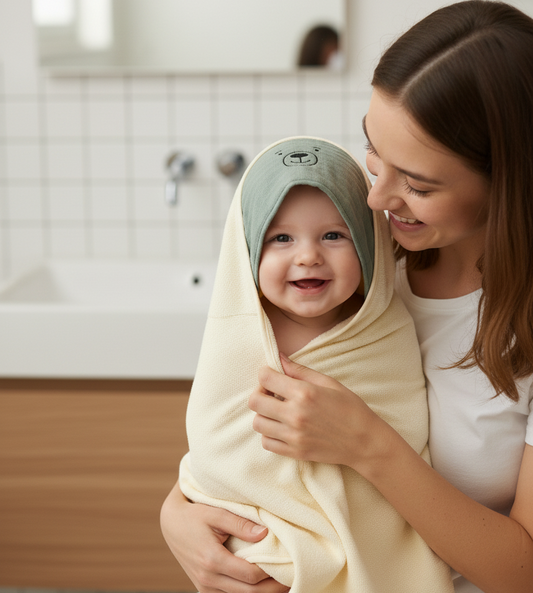 CAPE DE BAIN VERTE BRODEE OURS AVEC SON GANT ASSORTI